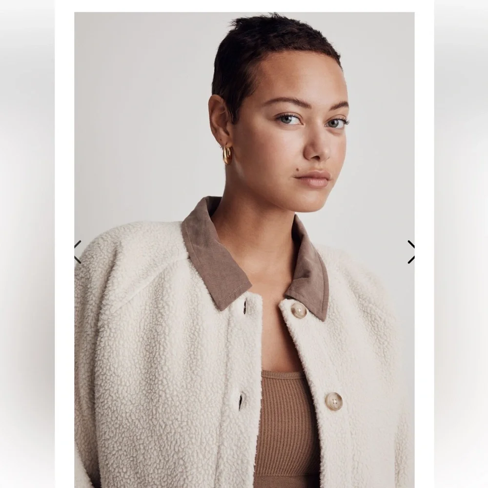 Madewell Corduroy-Trimmed (Re)sourced Sherpa Terry Chore Coat Large Brown Beige - Picture 5 of 16